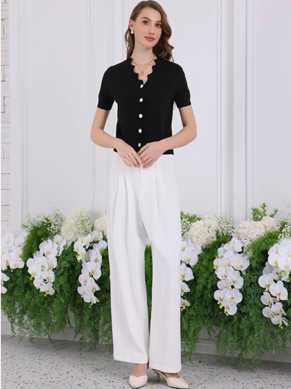 Button-Front Black Short Sleeve Top — Elegant Everyday Knit